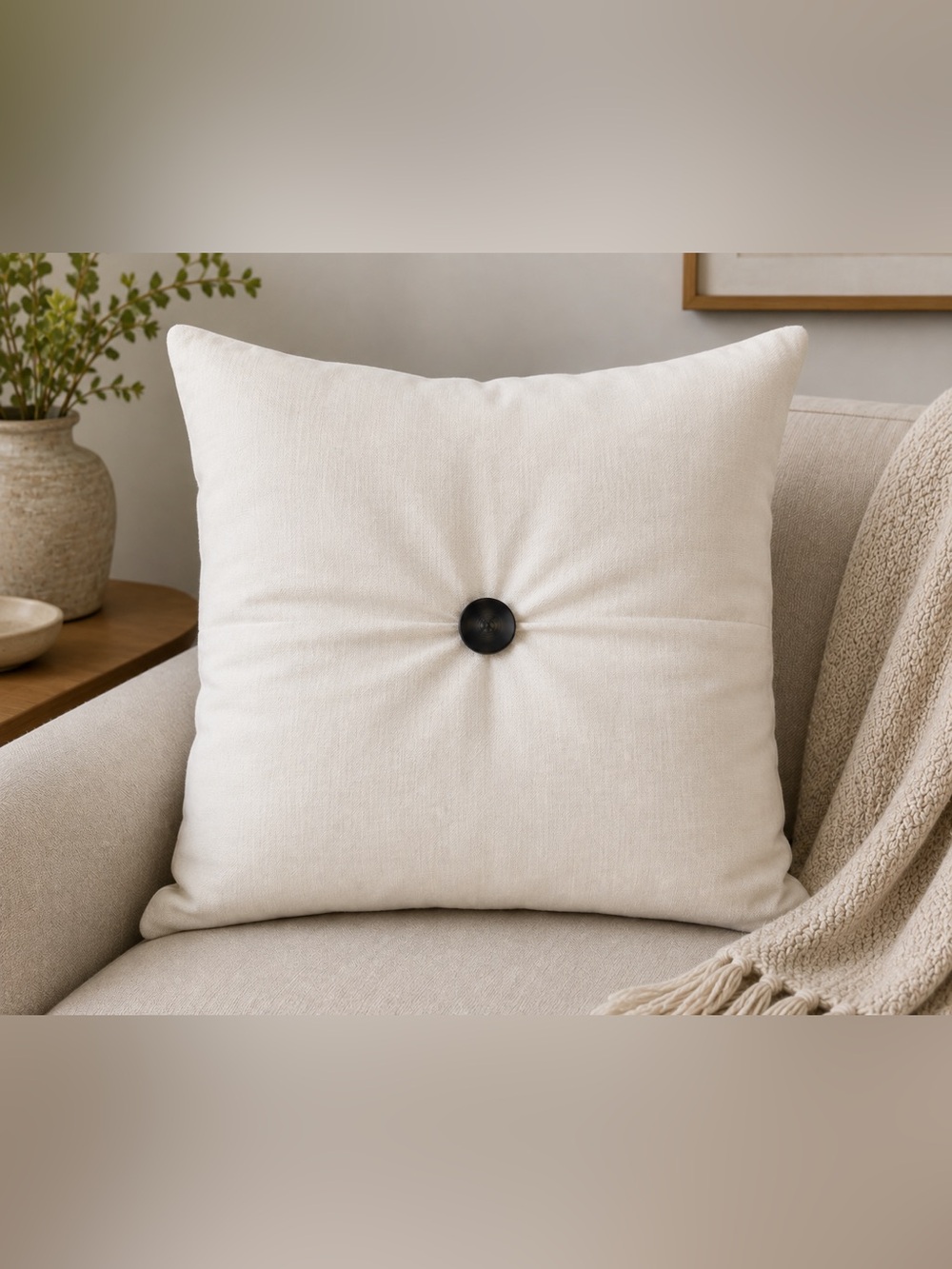 2 Pottery Barn Cream Square Linen Pillow Covers with Dark Button Accent 18”x18”